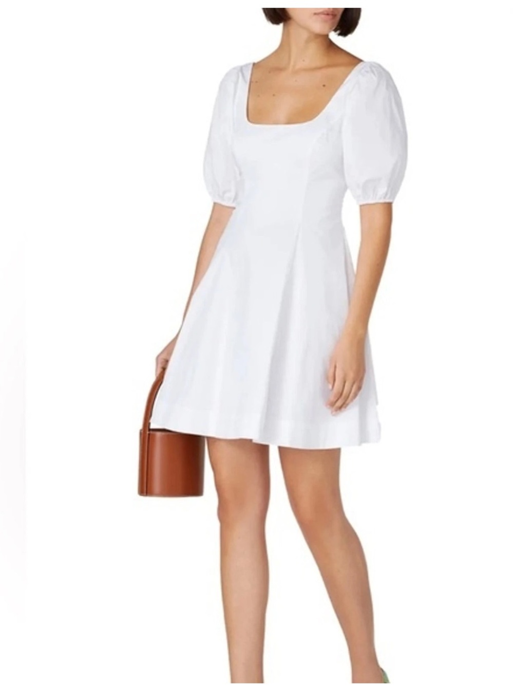 STAUD Laelia White Cotton Poplin Puff Sleeve Fit Flare Mini Dress Prairie 4